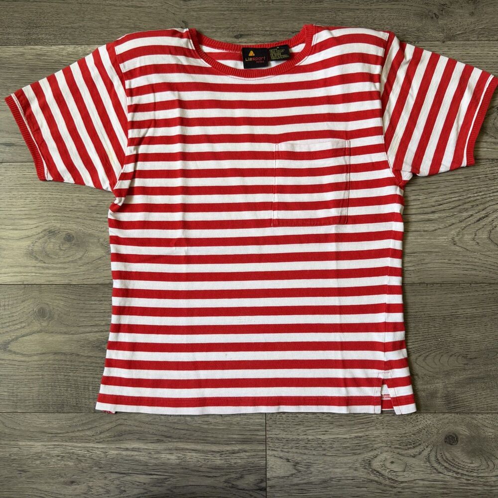 Vintage LizSport Petites Red &‎ White Striped Pocket Tee - Size Medium Petite